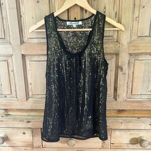Annabella Small Black Tank Top Gold Sequins‎ Layered Blouse